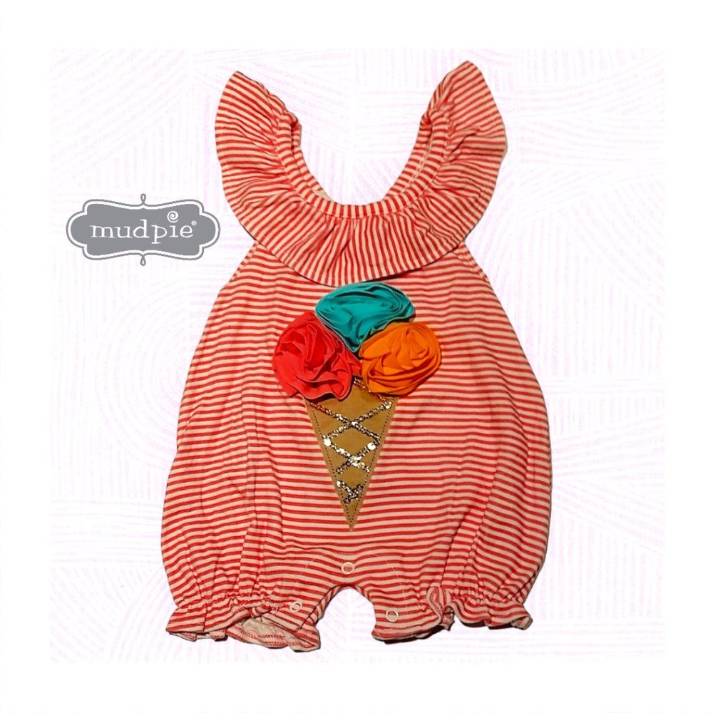Mudpie Striped Bubble Romper Pink White Ruffle Ice Cream Cone Size 6-9M